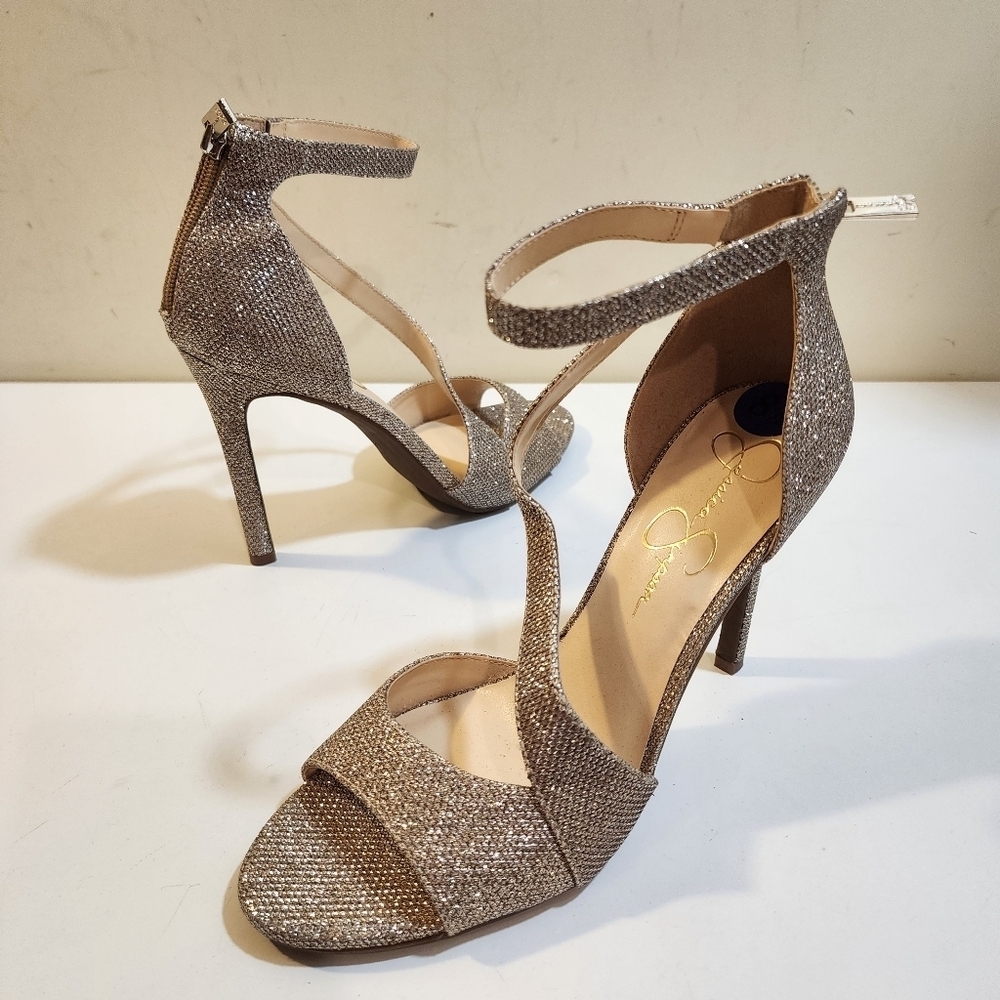 Jessica Simpson Jesimae Glitter Golden High Heels Strappy Shoes size 8.5